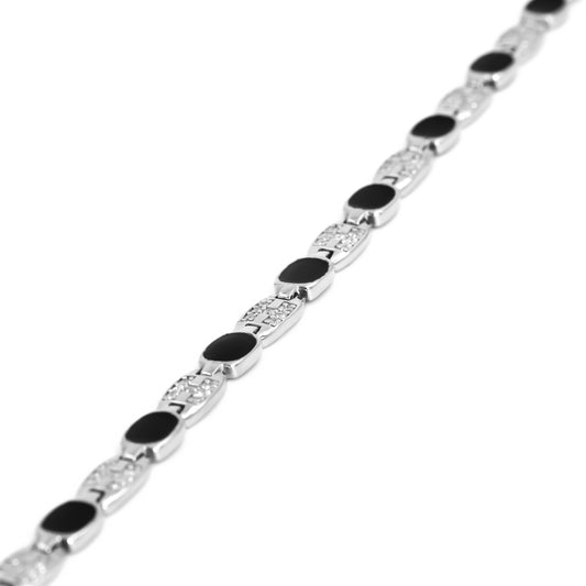 Silver Elliptical Black Enamel Bracelet