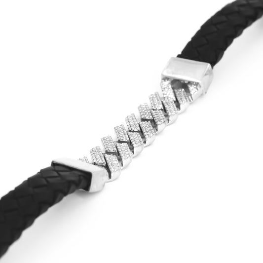 Silver Classic Cuban Leather Bracelet