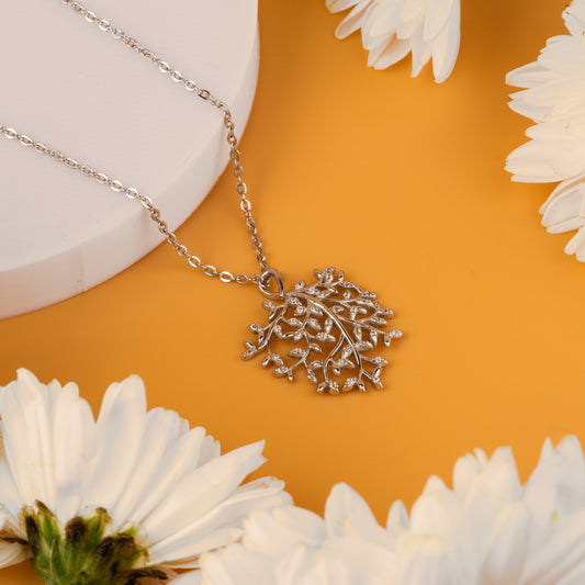 Silver Zircon Leaf Chain Pendant