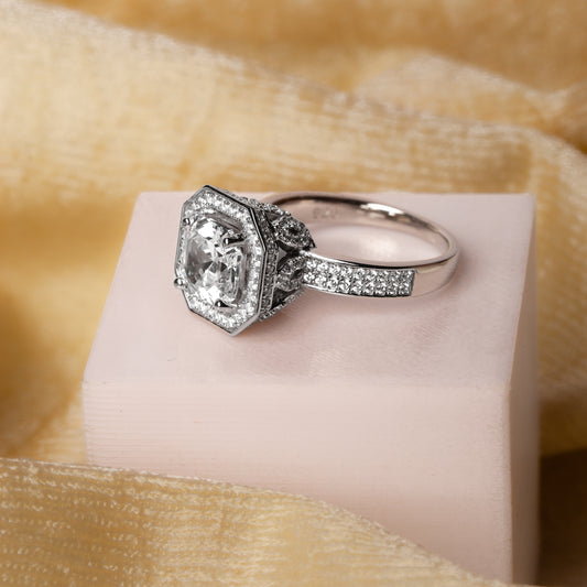 SOLD Silver White Hexagon Solitaire Ring