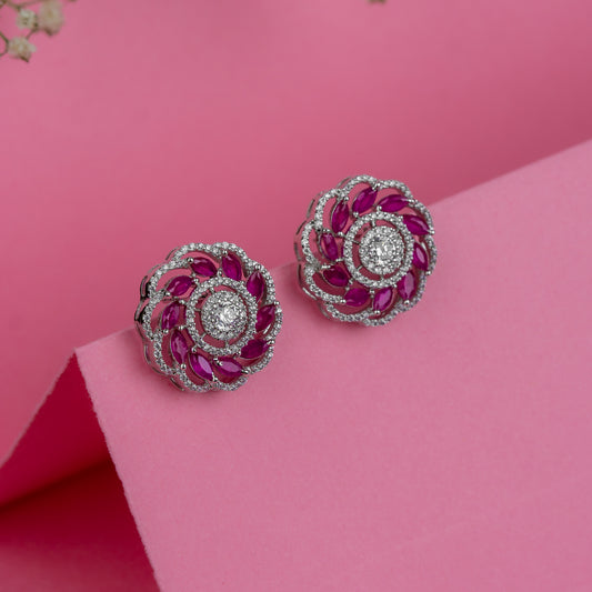 Silver Pink Stone Whirl Earrings