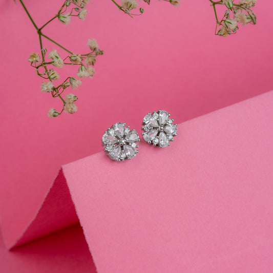 Silver White Stone Floral Earrings