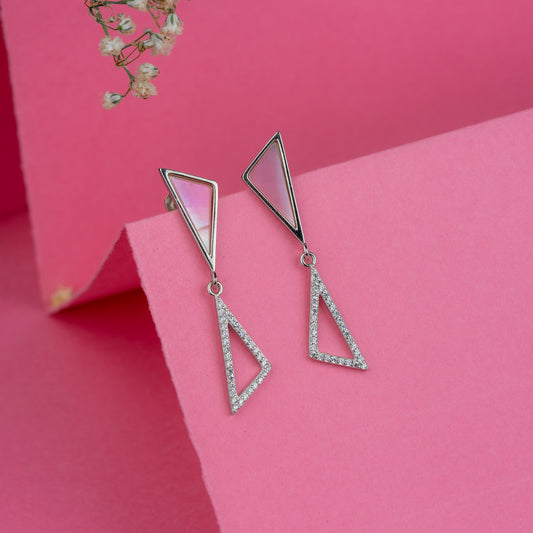 Silver Powder Pink Triangle Duet Earrings