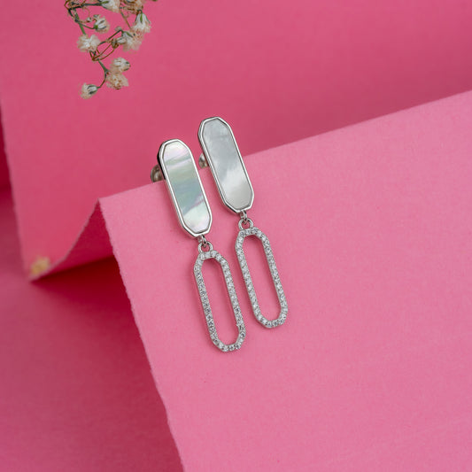 Silver Mirror Image White Oval Earrings