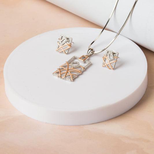 Two Tone Rectangular White Stone Pendant Set