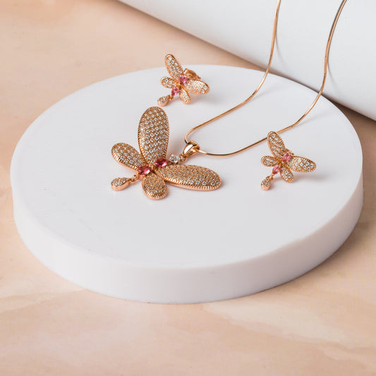 Rose Gold Graceful Pink Butterfly Pendant Set