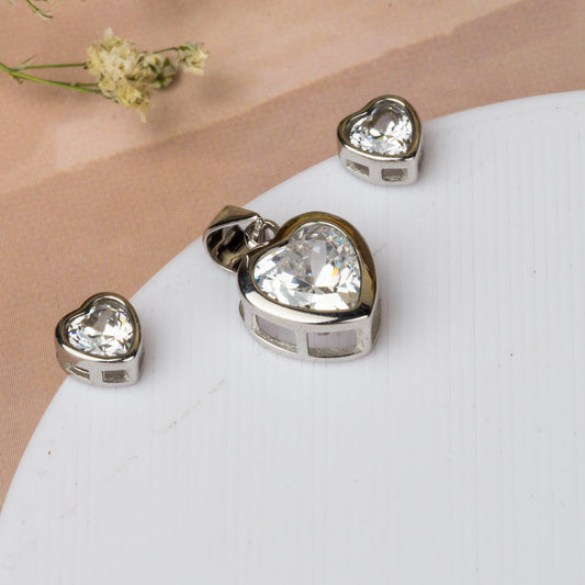 Silver Swiss Cut Heart Solitaire Pendant Set