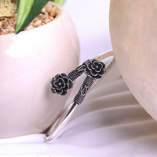 Silver Oxidised Rose Cuff/Kada