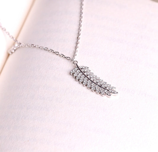 Silver Zircon Feather Charm Chain Pendant