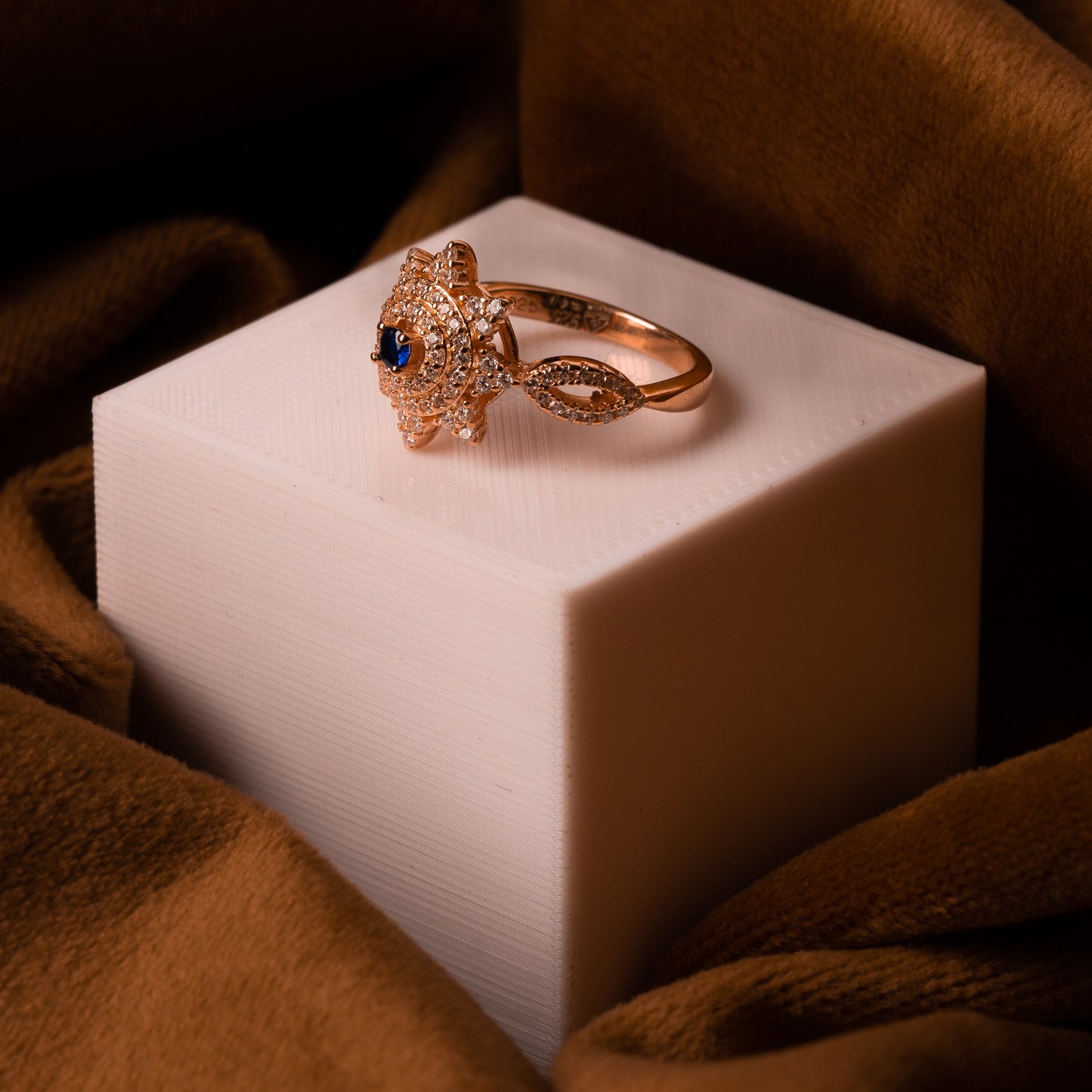 Rose Gold Blue Gem Glow Ring
