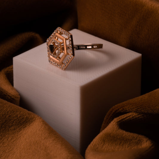 Two Tone Hexagon Enclosed Heart Charm Ring