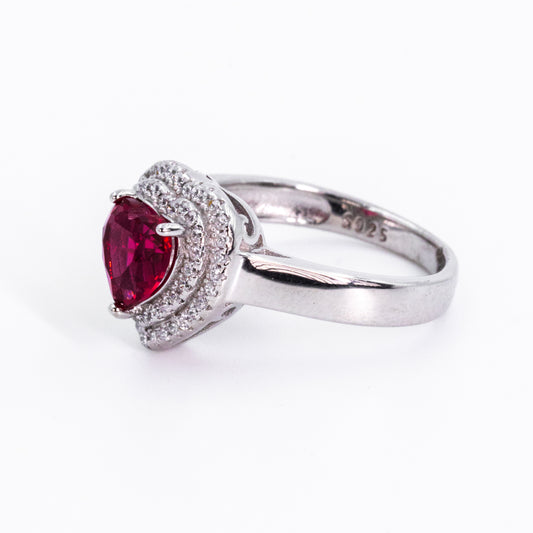 Silver Precious Red Heart Stone Ring