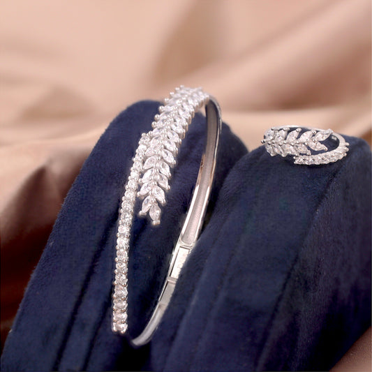 Silver Ethereal Fern Cuff/Kada With Ring Set