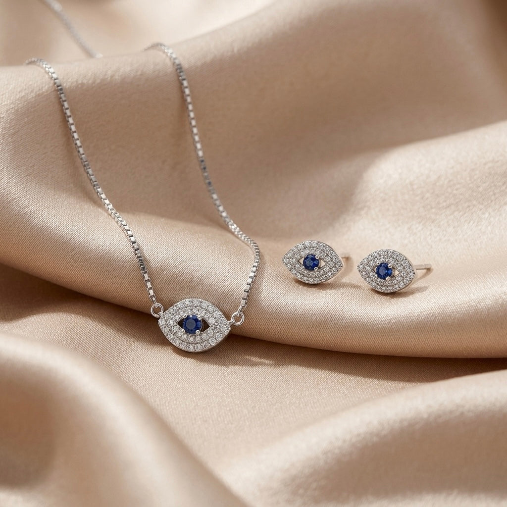 Silver Evil Eye Chain Pendant Set