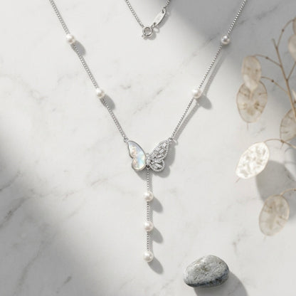 Silver Butterfly Cascade Pearl Chain Pendant
