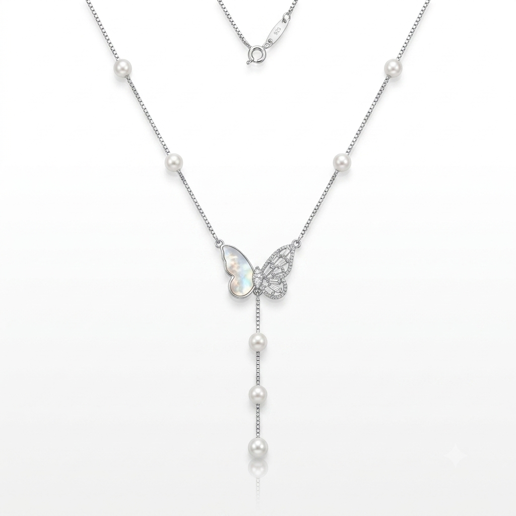 Silver Butterfly Cascade Pearl Chain Pendant