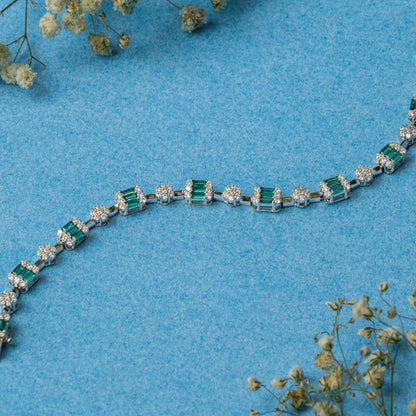 Emerald Blossom: Silver Women’s Bracelet with Green and White zircon stones.