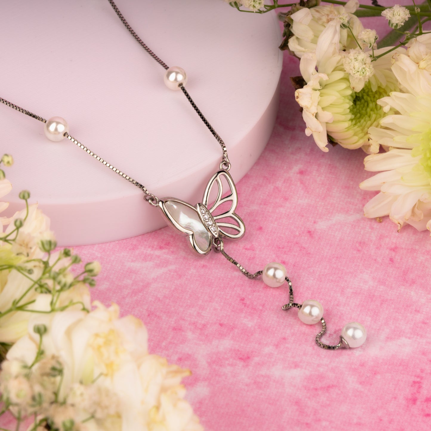 Silver Pearl Butterfly Chain Pendant