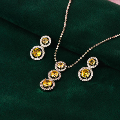 Silver Statement Yellow Sapphire Chain Pendant SET with Earrings