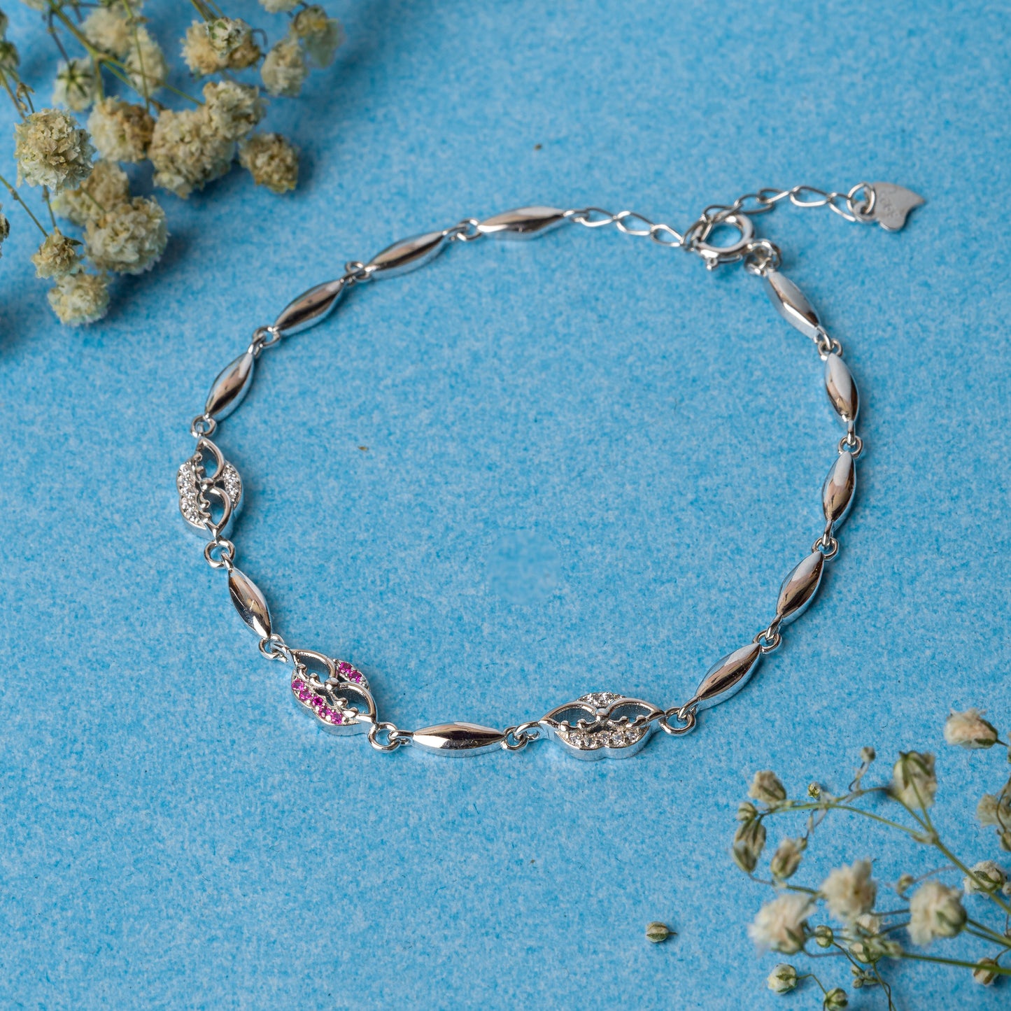 Silver with Subtle Pink Stones Bracelet.