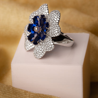 Silver Royal Blue Floral Ring