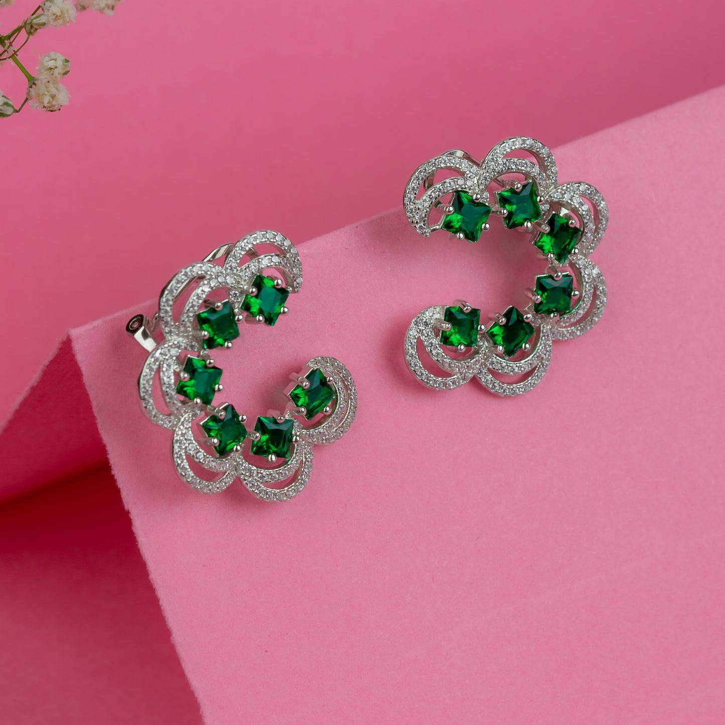 Silver Glamour Green Stone Earrings
