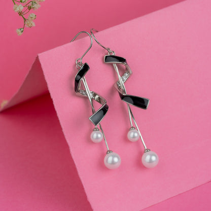 Silver Black Spiral and Pearl Earrings