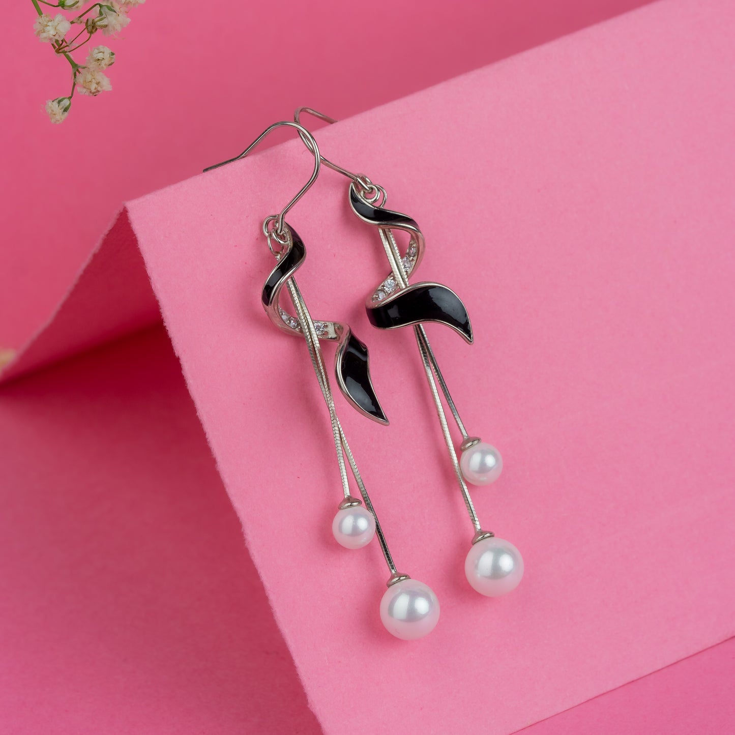Silver Black Elegant Swirl Pearl Earrings