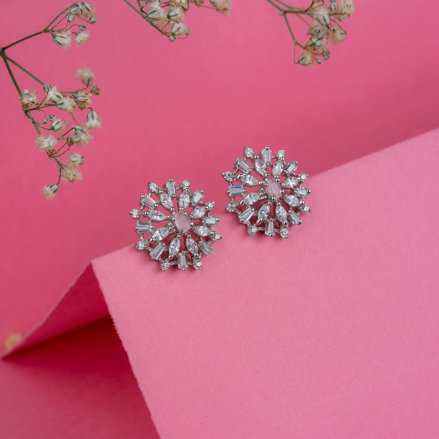 Silver Powder Pink Flower Earrings