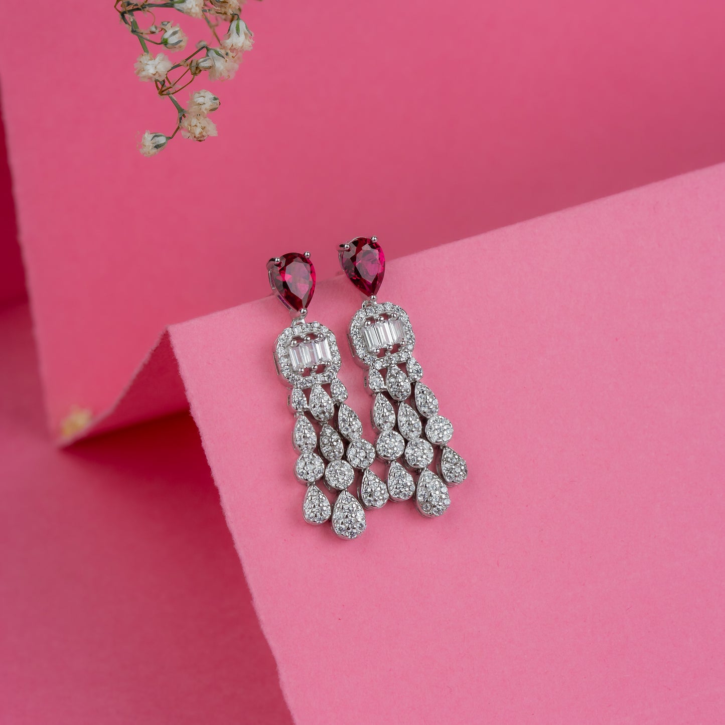 Silver Ruby Tassels Earrings