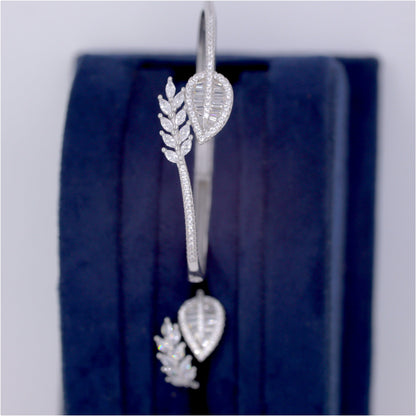 Silver Zircon Leaf Cuff/Kada With Ring Set