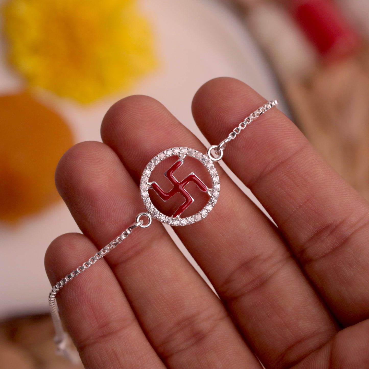 Shubh Swastik Pure Silver Rakhi