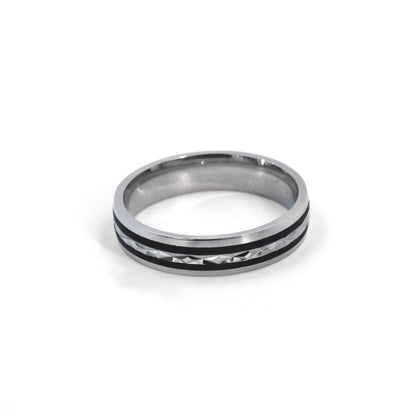 Silver Double Black Line Embossed Ring
