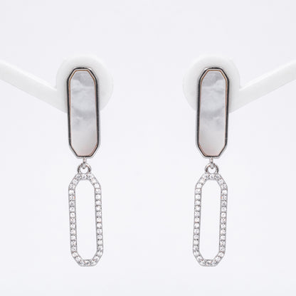 Silver Mirror Image White Oval Earrings