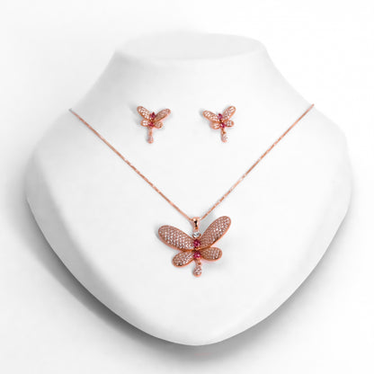 Rose Gold Graceful Pink Butterfly Pendant Set