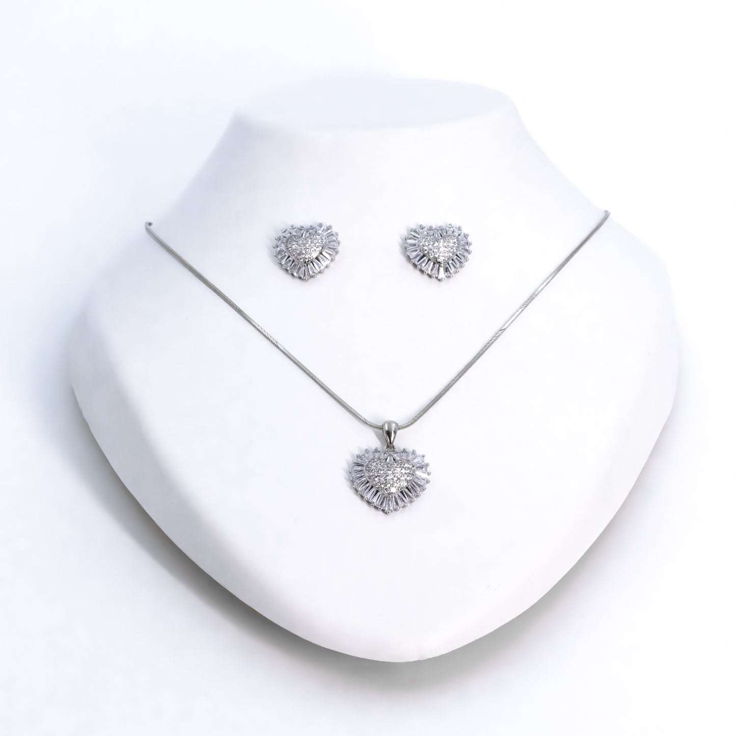 Silver Crystal Heart Pendant Set