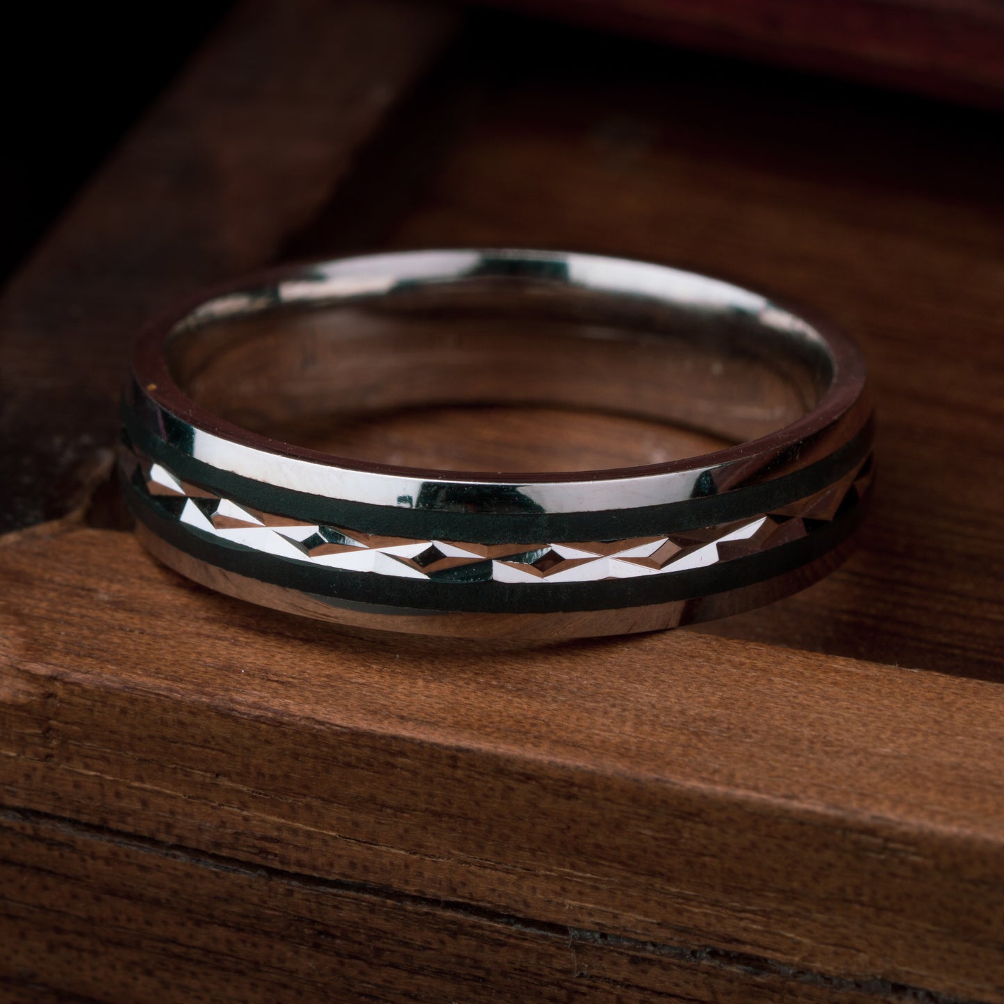 Silver Double Black Line Embossed Ring