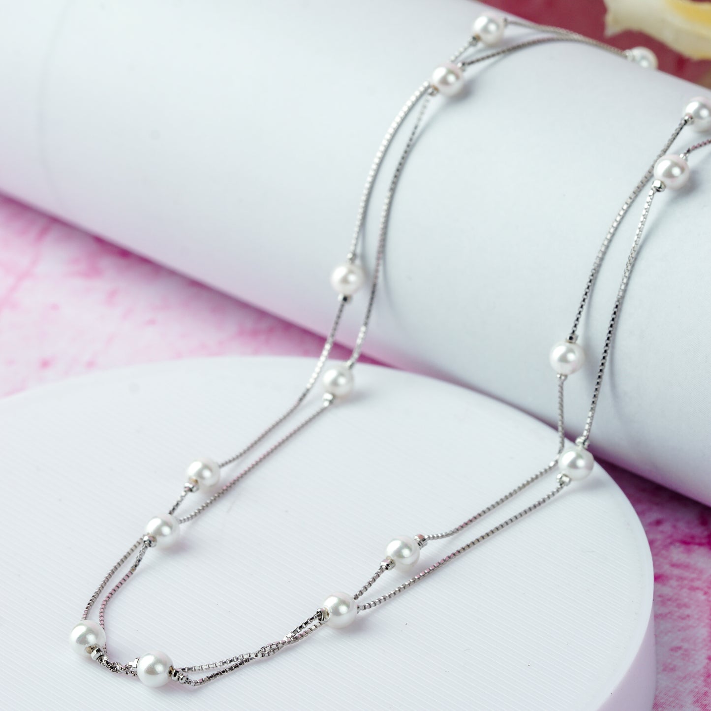 Silver Double Layer Pearl Charm Chain