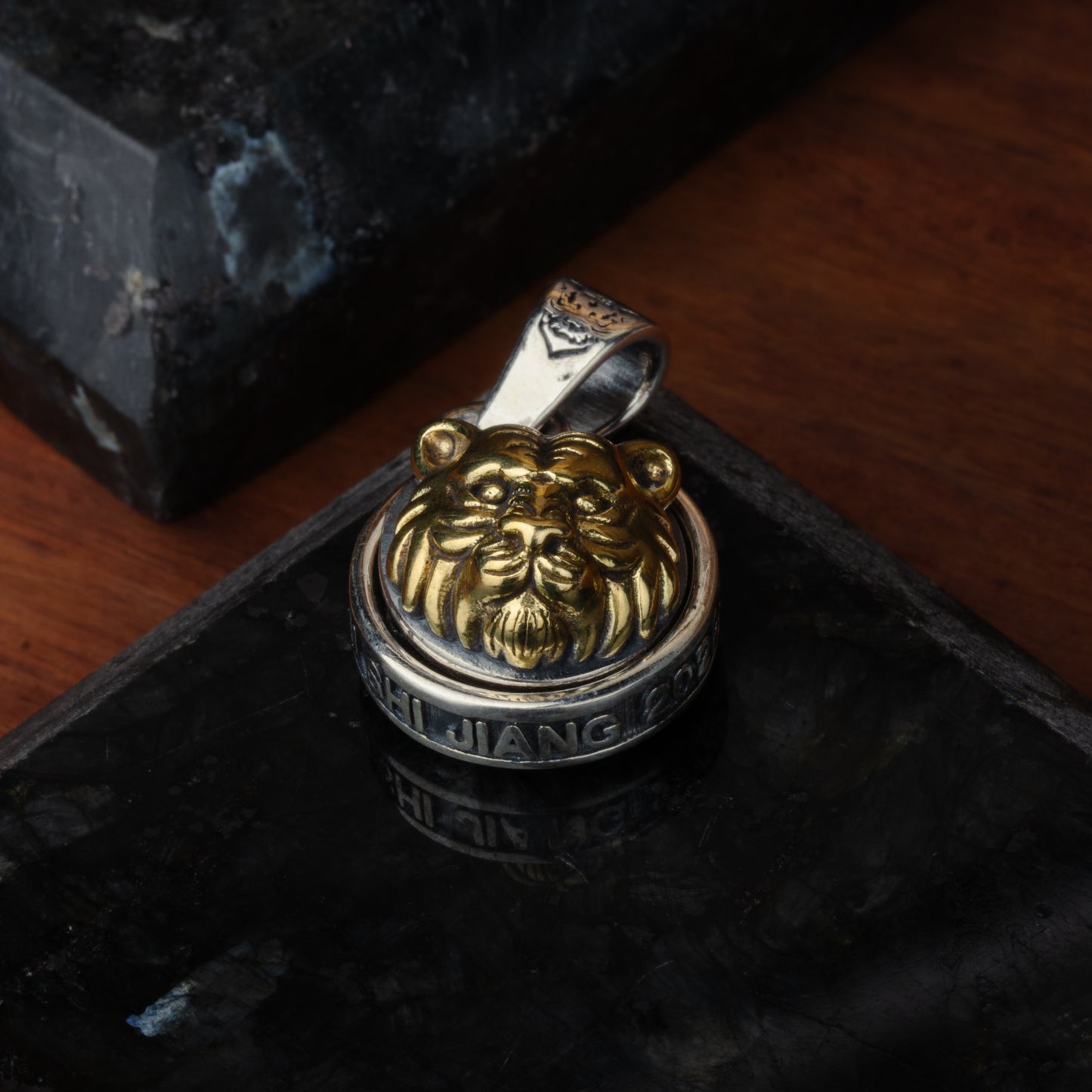 Silver Heavy Rotating Golden Lion Pendant