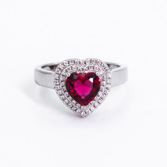 Silver Precious Red Heart Stone Ring