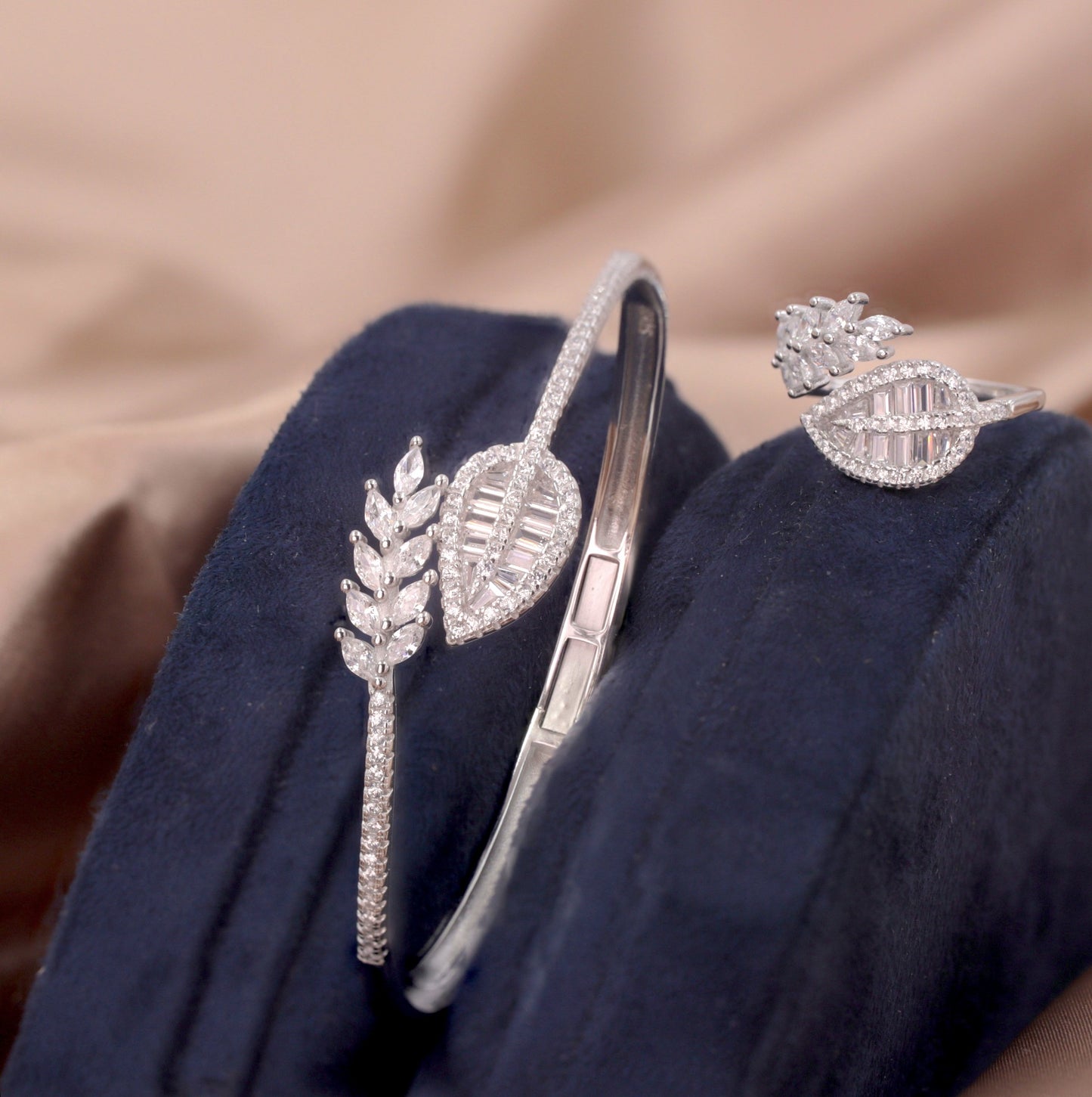 Silver Zircon Leaf Cuff/Kada With Ring Set