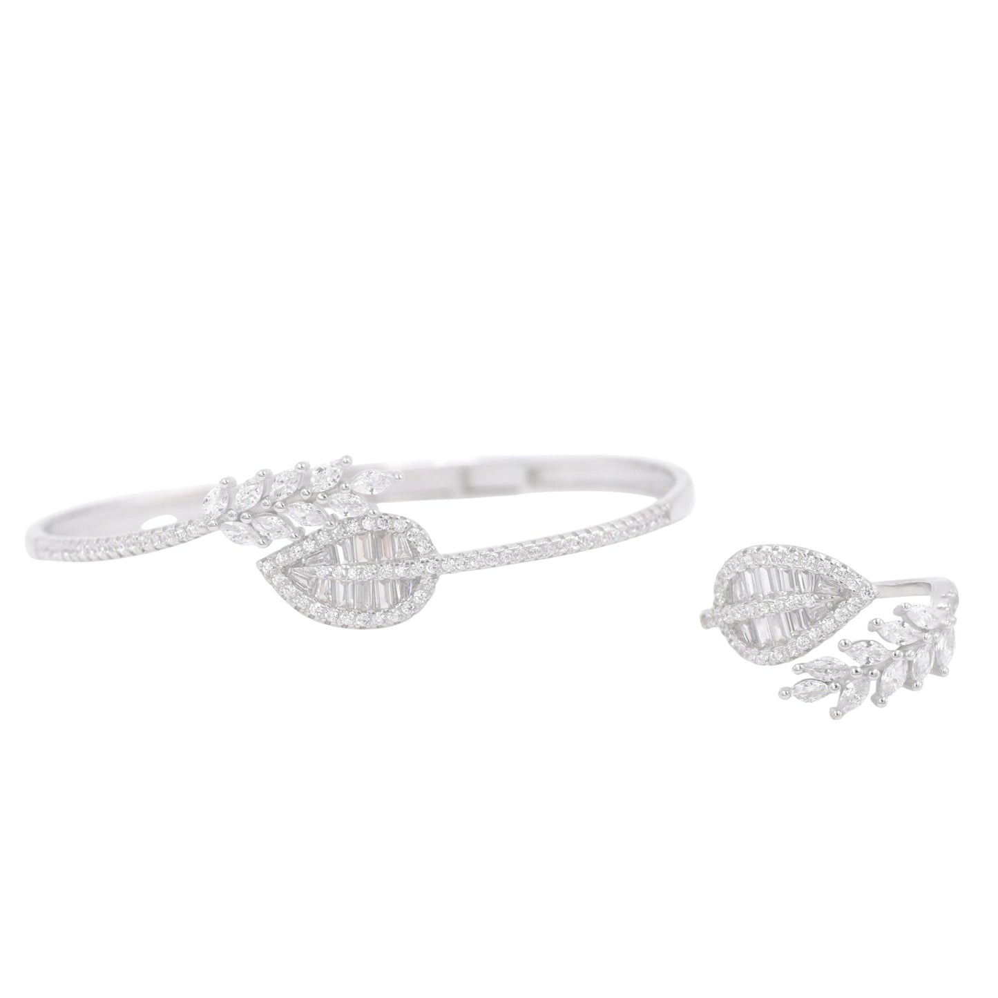 Silver Zircon Leaf Cuff/Kada With Ring Set