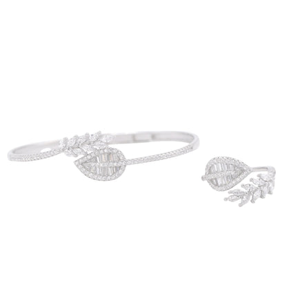 Silver Zircon Leaf Cuff/Kada With Ring Set